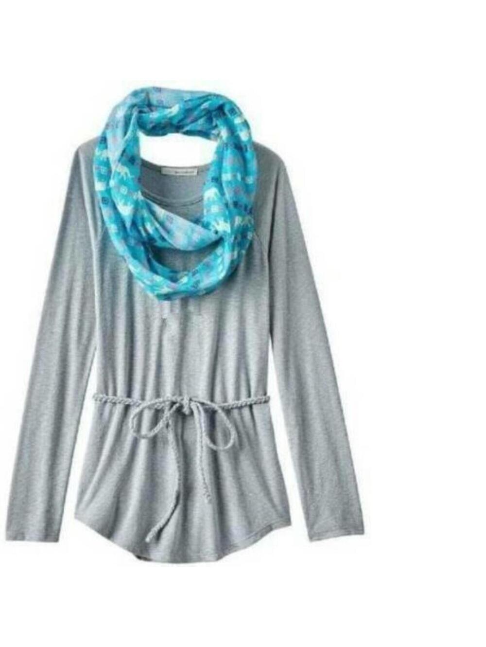 Girls Shirt & Scarf 20.5 Gray Long Sleeve Tunic Belted Top & Blue Set Plus